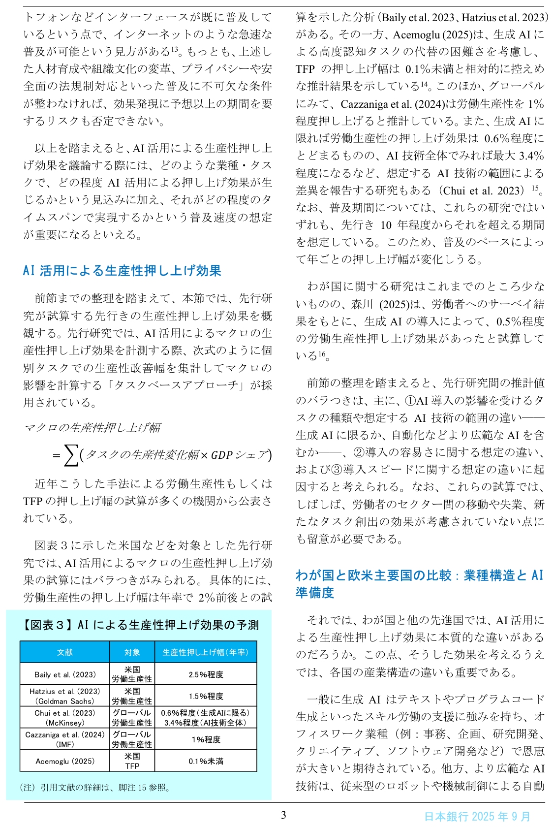AIによる労働生産性の押上げ効果の試算。研究により幅が大きい予測値であることに注意