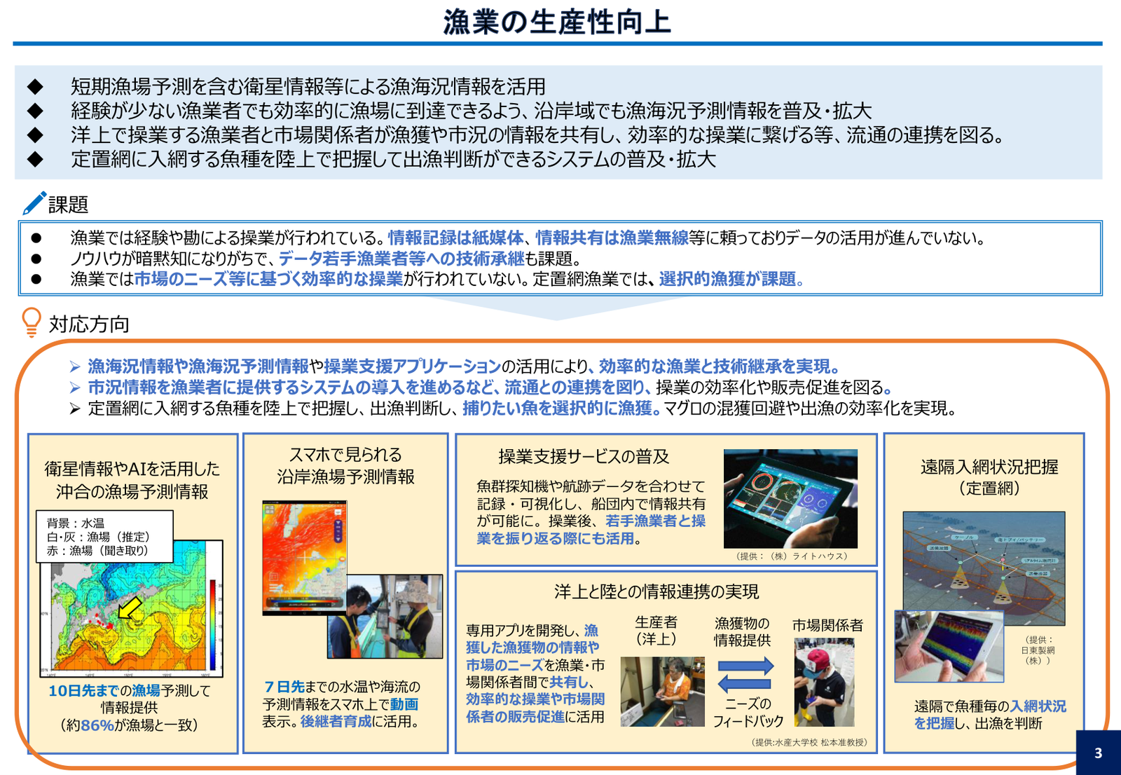 衛星情報とAIによる漁場予測など、漁業の生産性向上に向けた技術。10日先までの沖合漁場予測は約86%が実漁場と一致したと報告