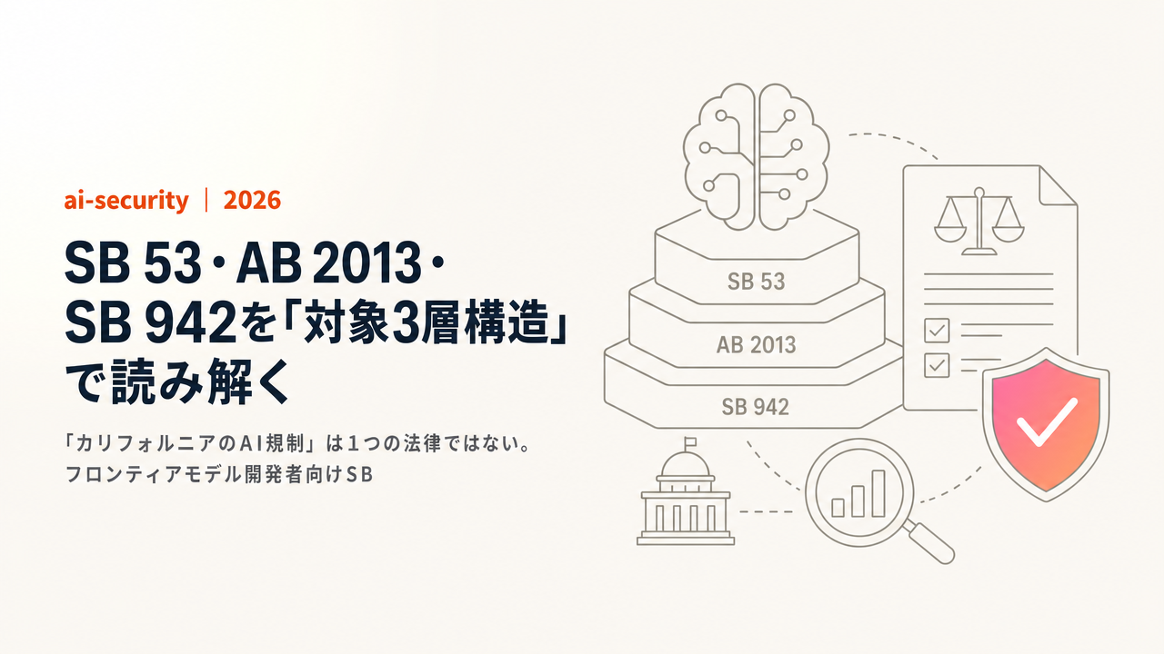 【カリフォルニア州AI規制3本】SB 53・AB 2013・SB 942を「対象3層構造」で読み解く