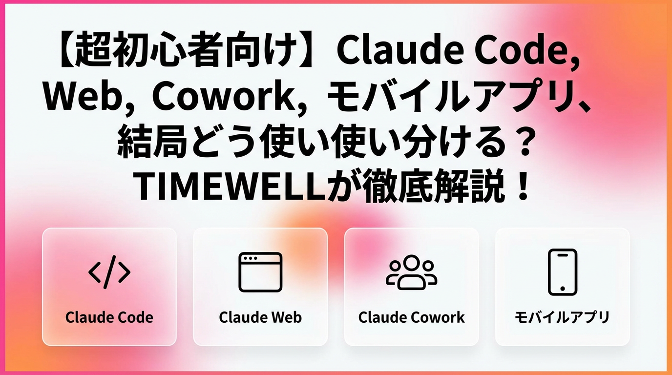 【超初心者向け】Claude Code, Web, Cowork, モバイルアプリ、結局どう使い分ける？TIMEWELLが徹底解説！