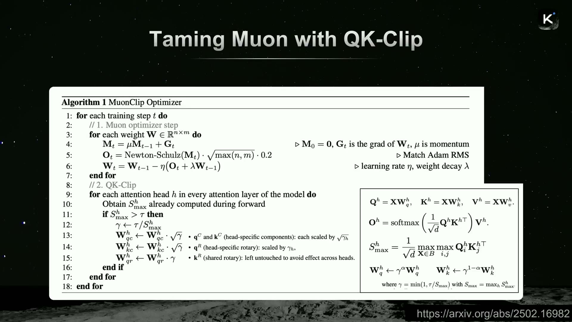 「Taming Muon with QK-Clip」。MuonClipオプティマイザの擬似コード。各ヘッドのlogit最大値が閾値を超えたらquery/keyをクリップする