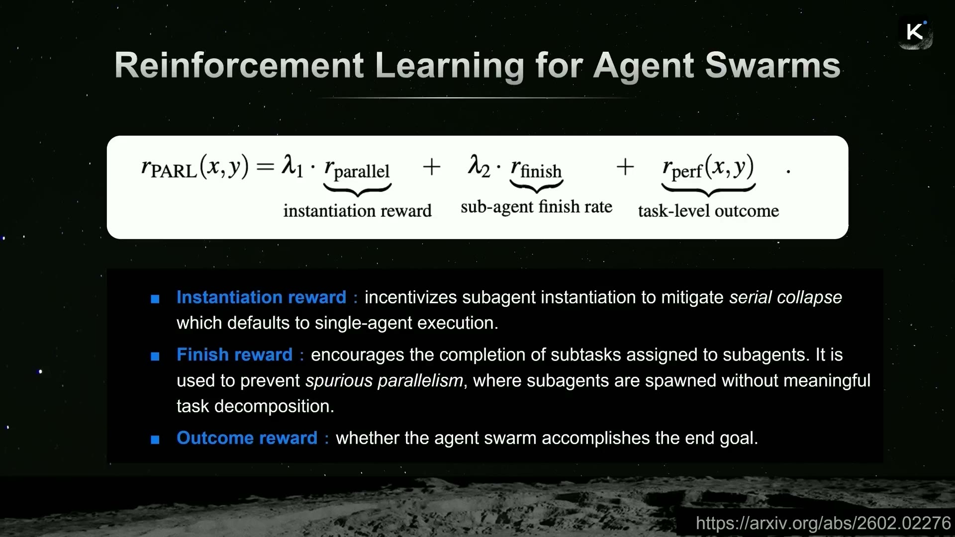「Reinforcement Learning for Agent Swarms」。r_PARL＝生成報酬（instantiation）＋完了報酬（finish）＋成果報酬（outcome）の3項