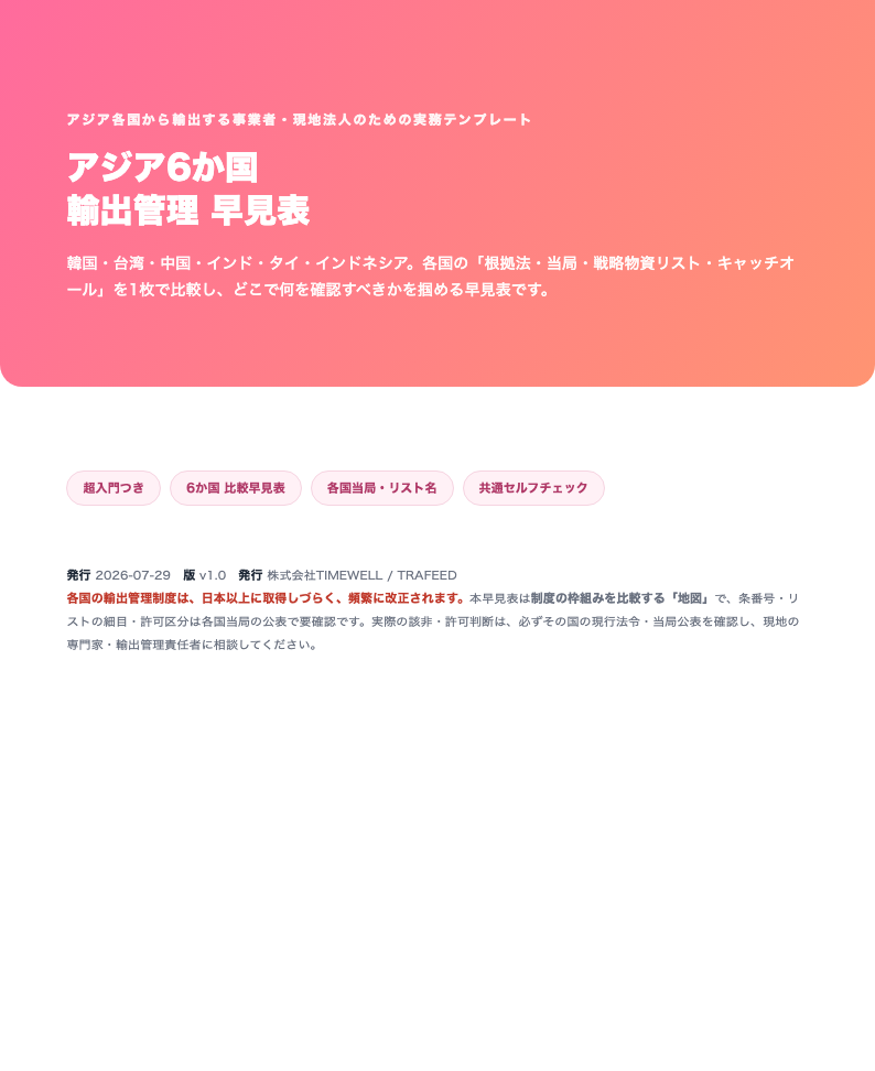 アジア6か国 輸出管理 早見表（韓国・台湾・中国・インド・タイ・インドネシア・2026年版）