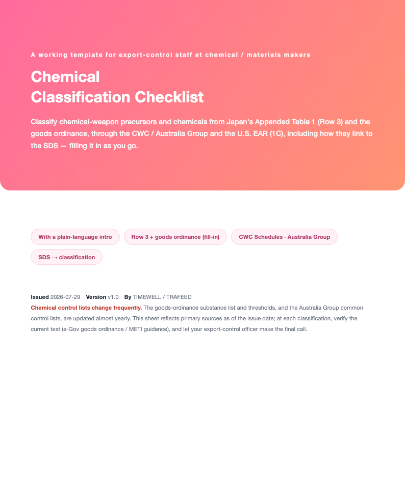 Chemical Classification Checklist (Precursors, CWC, Australia Group; Japan + US EAR, 2026)