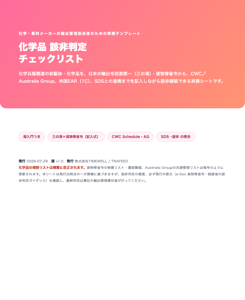 化学品 該非判定チェックリスト（前駆体・CWC・Australia Group／日本＋米国EAR・2026年版）