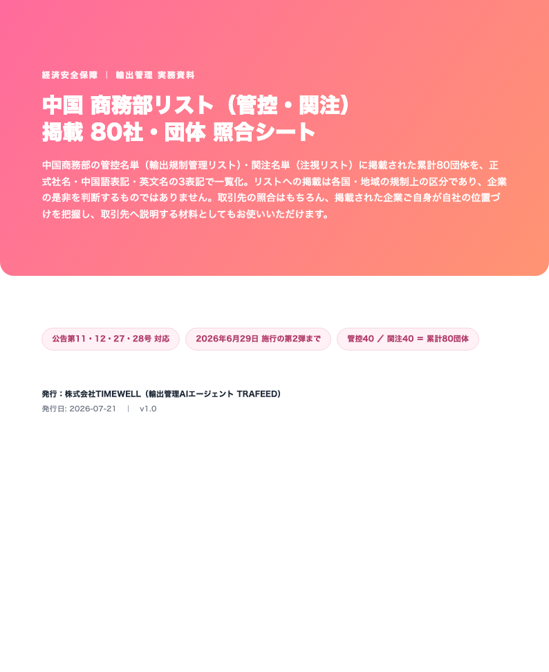 中国 商務部リスト（管控・関注）掲載 80社・団体 照合シート【2026年6月29日 第2弾まで対応】