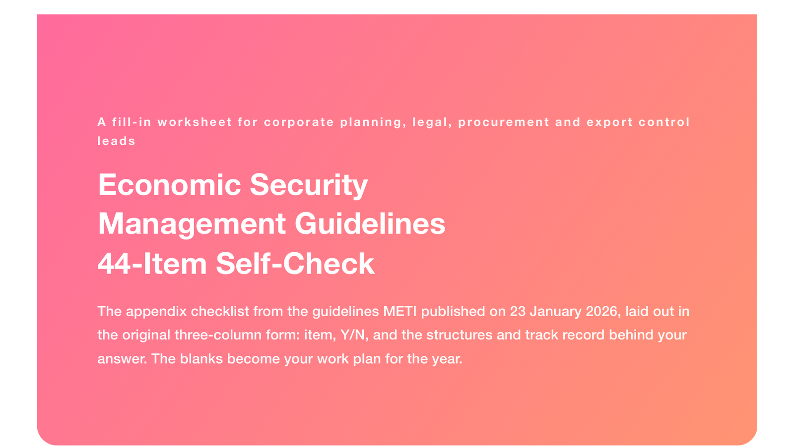 Economic Security Management Guidelines (1st Edition): 44-Item Self-Check Worksheet (2026)