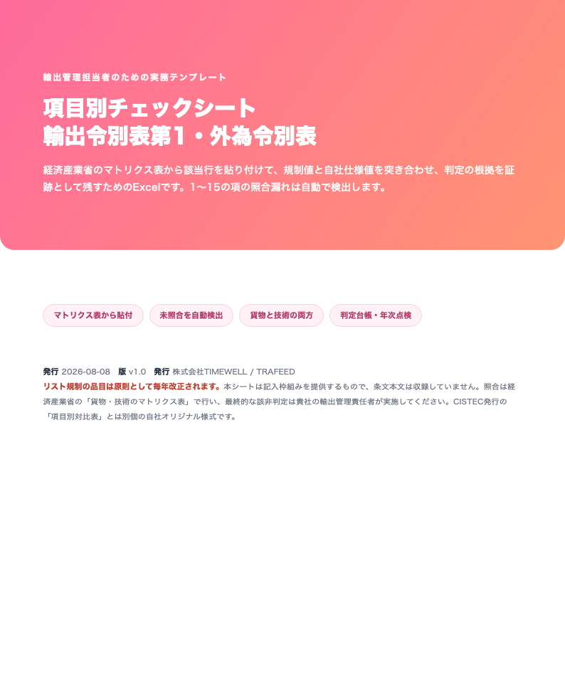 項目別チェックシート（輸出令別表第1・2026年2月14日施行対応版／Excel）