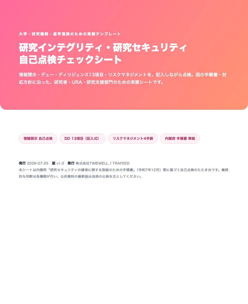 研究インテグリティ・研究セキュリティ 自己点検チェックシート（大学・研究機関向け・2026年版）