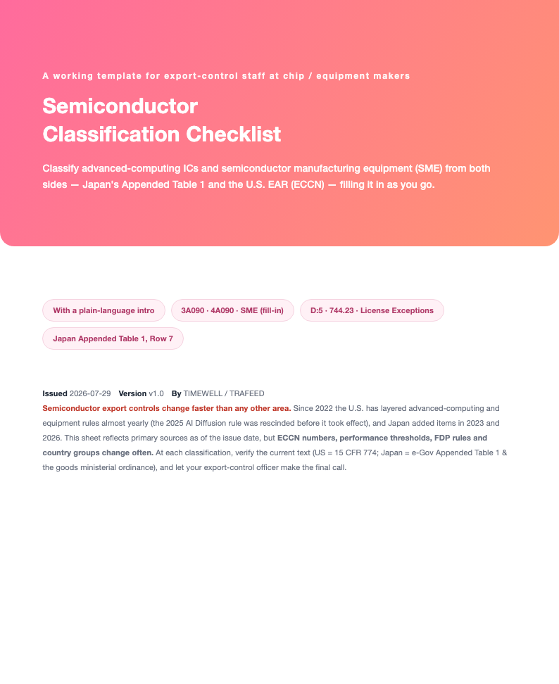 Semiconductor Classification Checklist (Advanced Computing & Manufacturing Equipment, Japan + US EAR, 2026)