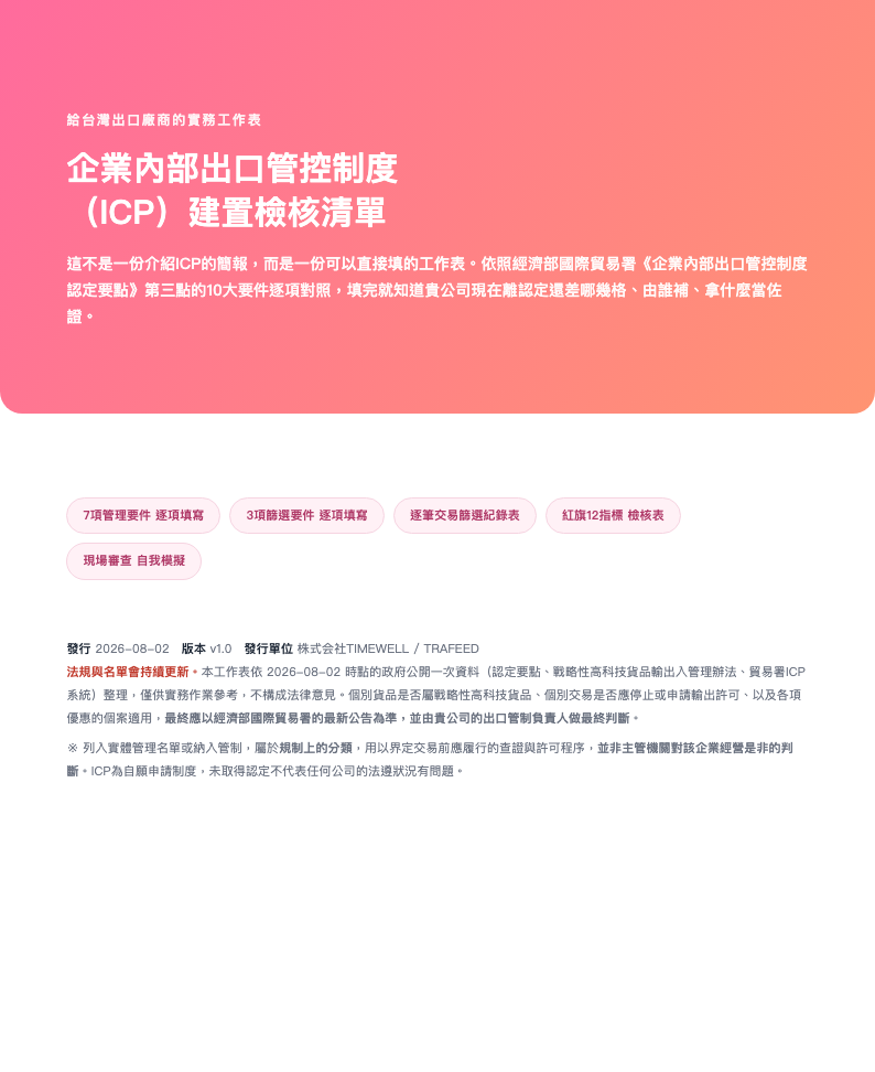 企業內部出口管控制度（ICP）建置檢核清單（可填寫工作表・2026年版）