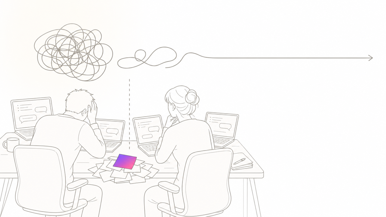 AIツールはあるがチームのスキル格差で手が止まっている様子のイラスト