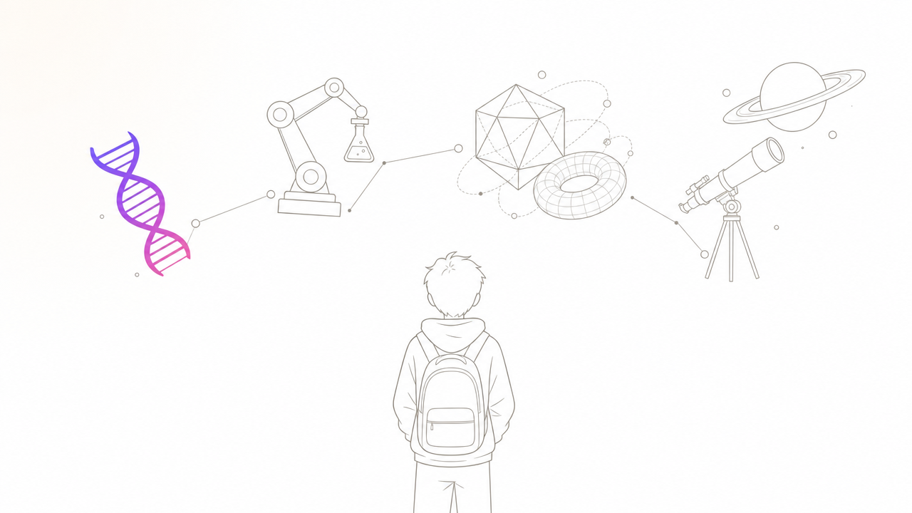 Illustration of a high school student exploring DNA, robotics, mathematics and space with AI