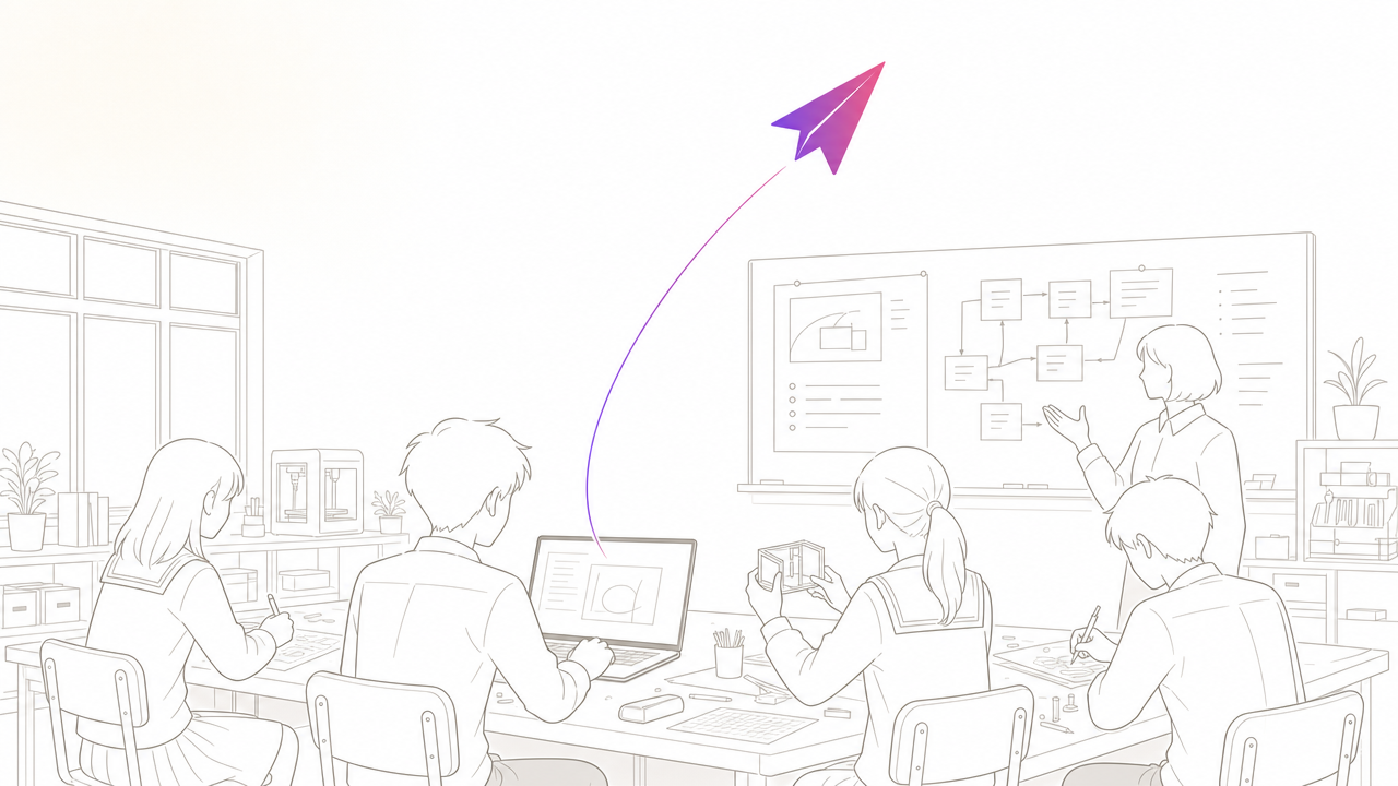 Illustration of high school students building a product with AI in a classroom