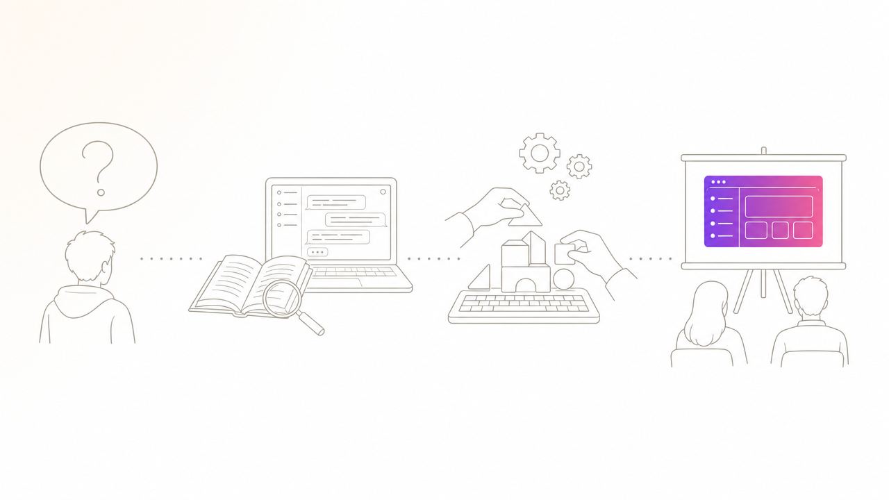 Illustration of the four steps from question to research, building and presentation