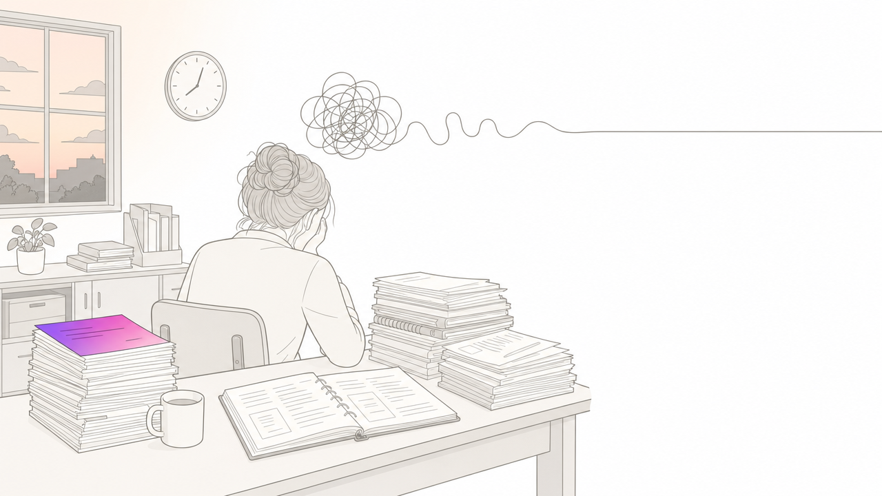Illustration of a teacher facing piles of materials while planning inquiry-based learning