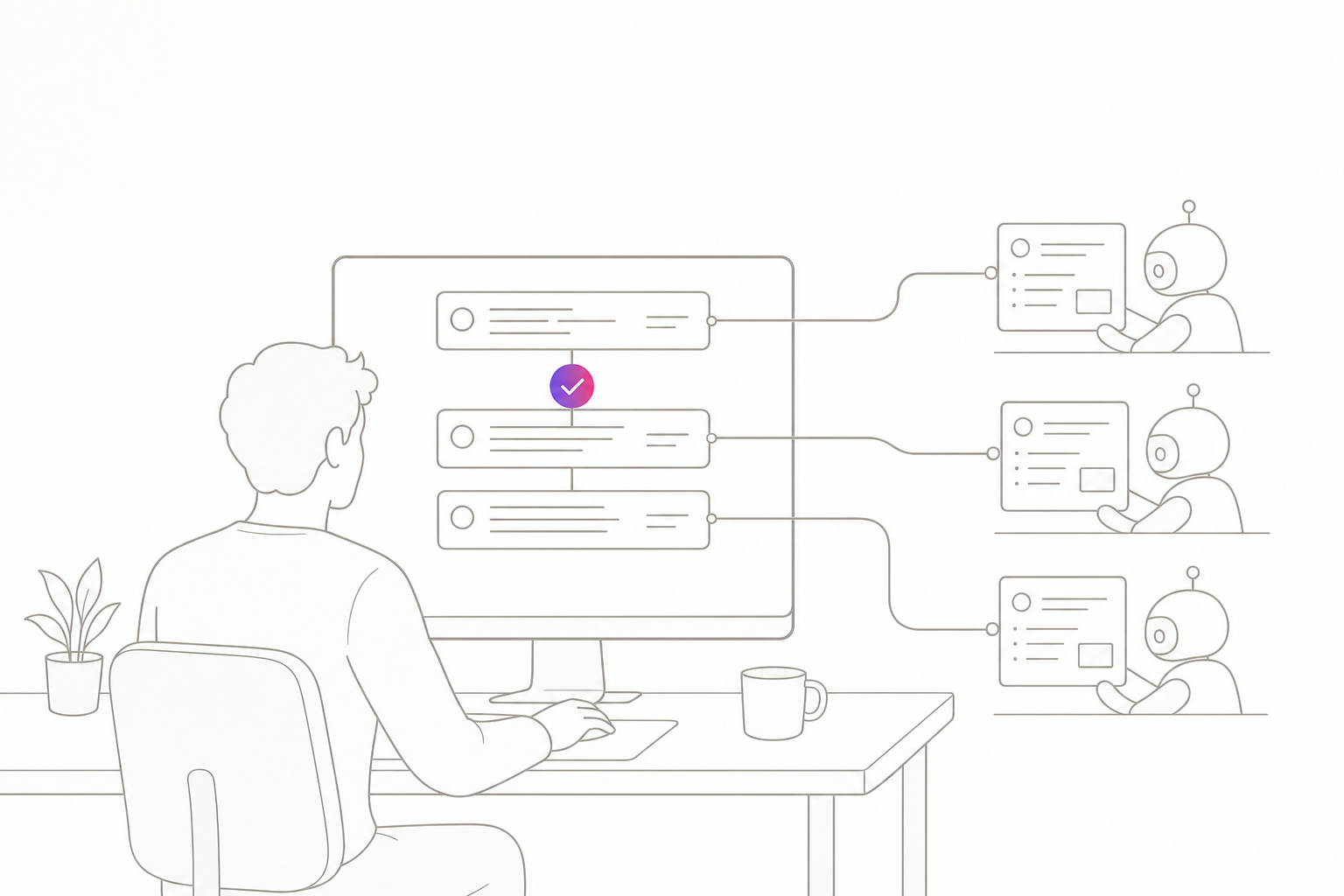 エンジニアがAIエージェントと協働して開発している様子のイラスト
