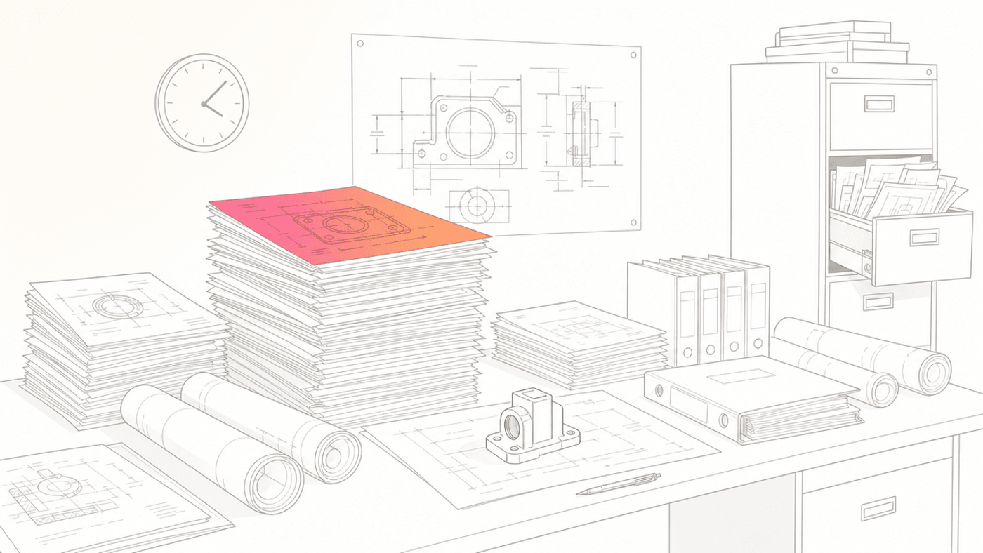 紙の図面やファイルに埋もれた製造業の設計現場のイラスト